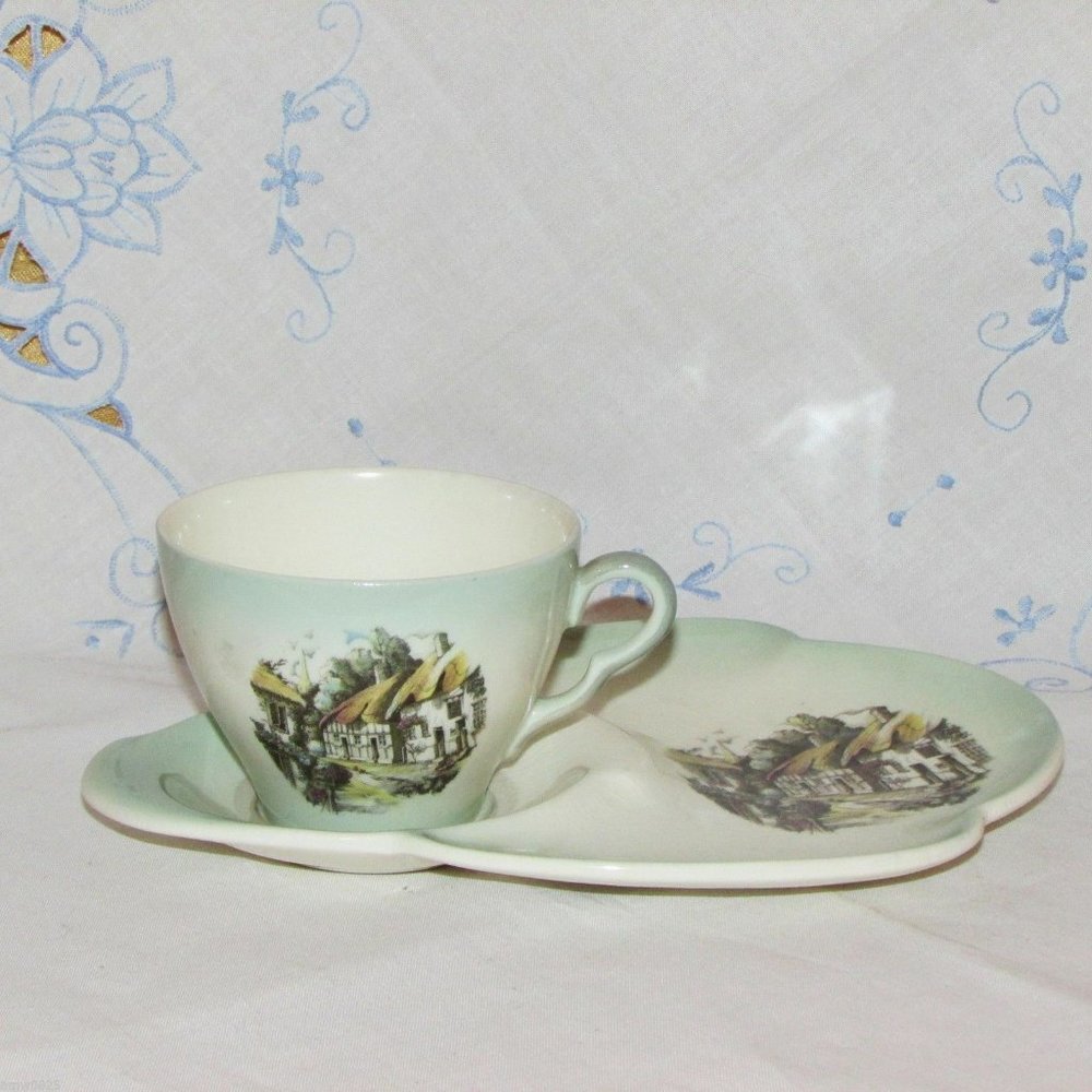 Vintage Royal Winton Grimwades Tennis Set Snack Plate Cup Village Scene England
